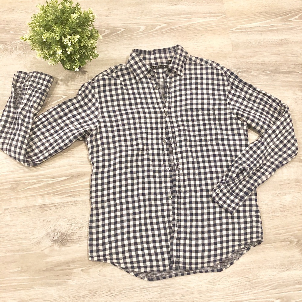 THEORY Nikala Plaid Button Down Top Size Medium